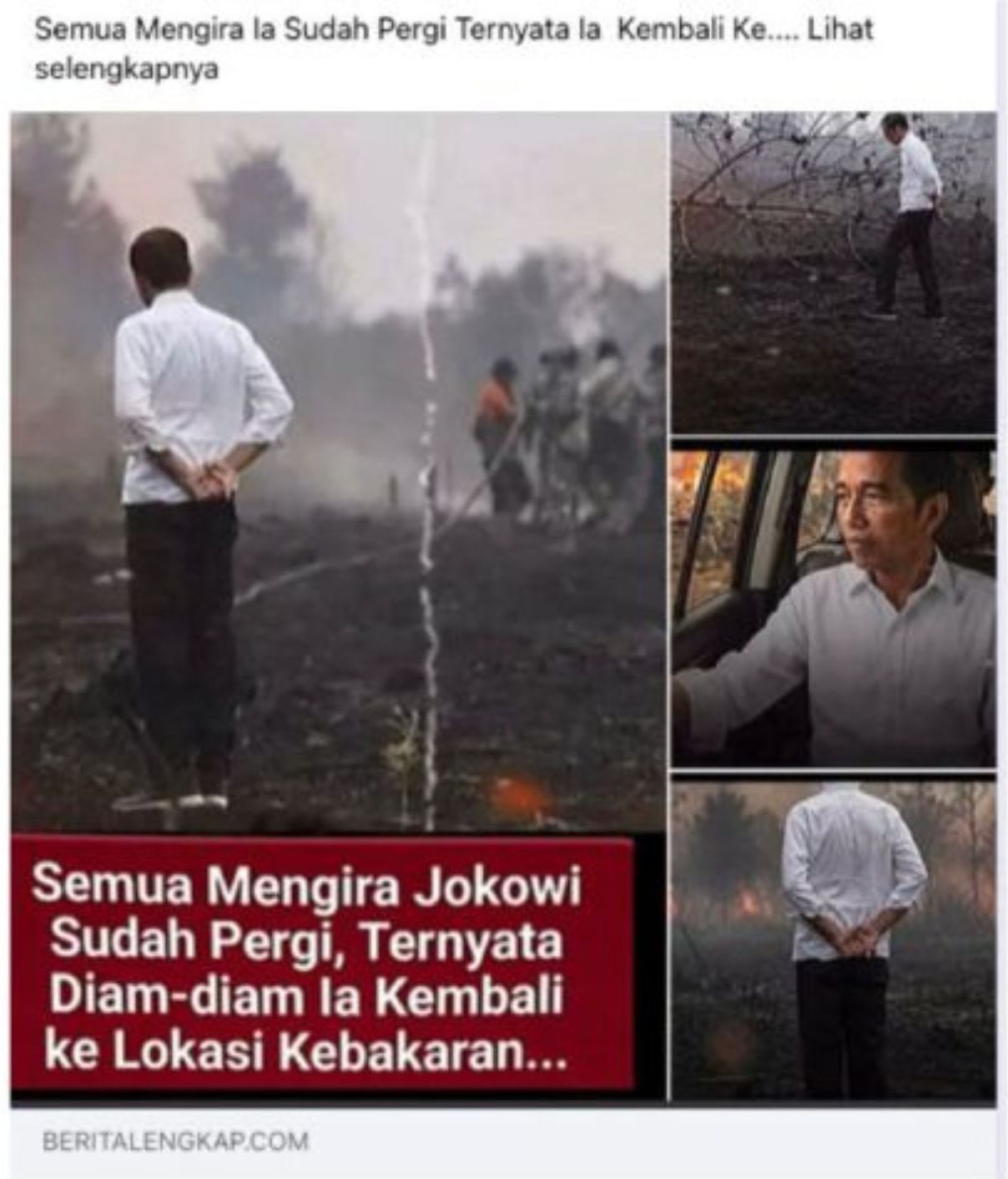 Unggahan yang menarasikan foto Jokowi ke lokasi kebakaran hutan pada September 2026. Faktanya, foto tersebut sebenarnya merupakan dokumentasi kunjungan Jokowi ke lokasi kebakaran lahan di Riau pada 2019. (Facebook) <b>(Antara)</b>