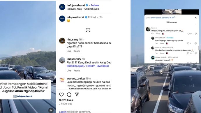 Sebuah video viral di media sosial memperlihatkan rombongan mobil yang berhenti di tengah ruas jalan tol