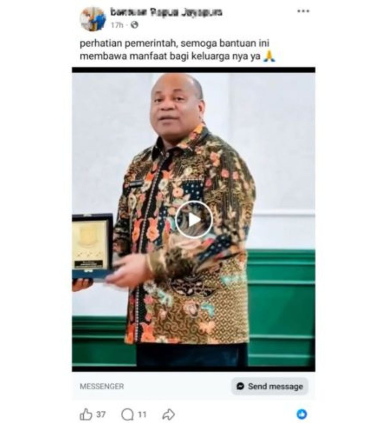 Unggahan video yang menarasikan Gubernur Papua Mathius Fakhiri bagikan bantuan pemerintah lewat facebook. Faktanya, video tersebut menggunakan foto asli Mathius Fakhiri yang telah diberi audio buatan AI sehingga seolah-olah ia menawarkan bantuan kepada pengguna media sosial. <b>(Facebook)</b>