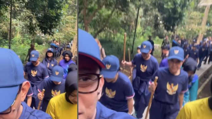 Anggota Kabinet Merah Putih  hari ketiga retreat melakukan pendakian ke gunung Tidar.