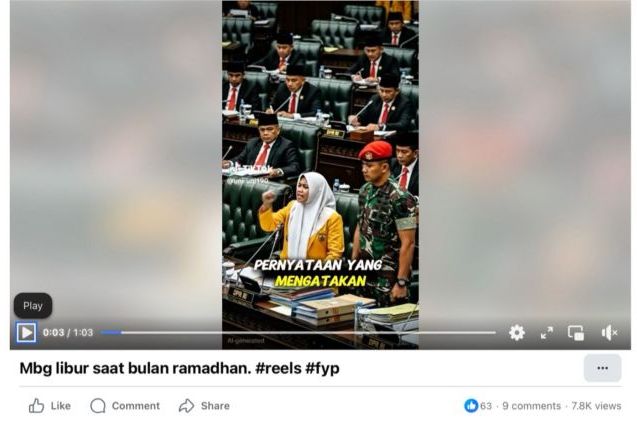 Unggahan video yang menarasikan mahasiswa protes program MBG saat Ramadhan. Faktanya, video tersebut merupakan hasil AI. (Facebook) <b>(Antara)</b>