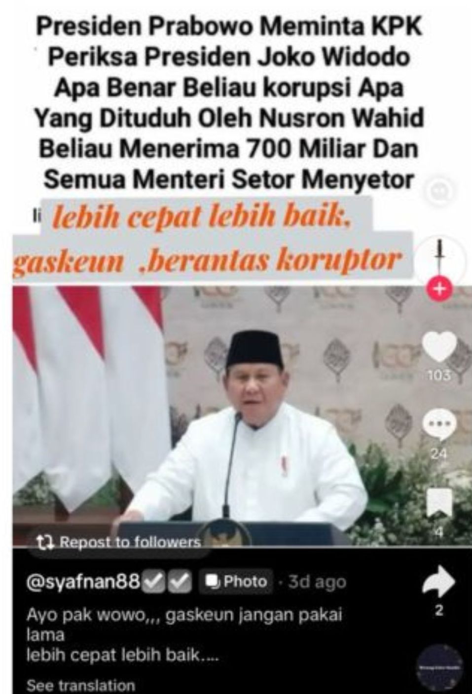 Unggahan yang menarasikan artikel Prabowo minta KPK periksa Jokowi terkait dugaan korupsi Rp700 miliar. Faktanya, artikel dalam tangkapan layar tersebut merupakan suntingan