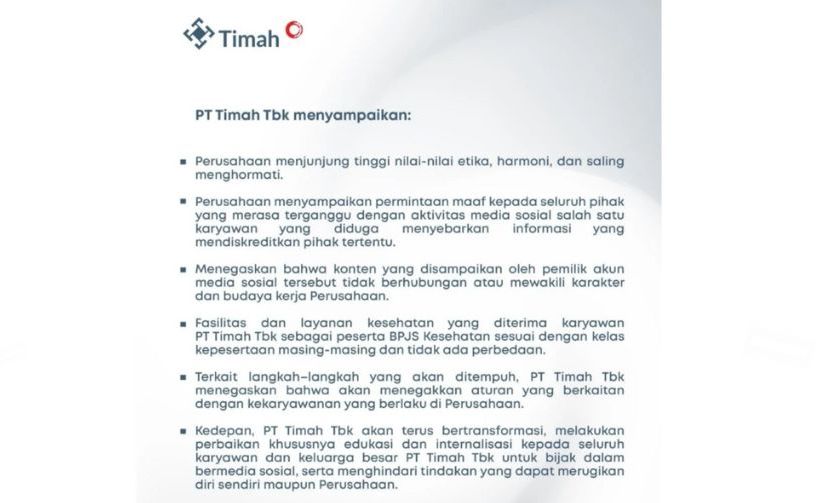 Klarifikasi PT Timah soal pegawainya yang hina honorer pakai BPJS <b>(Instagram)</b>