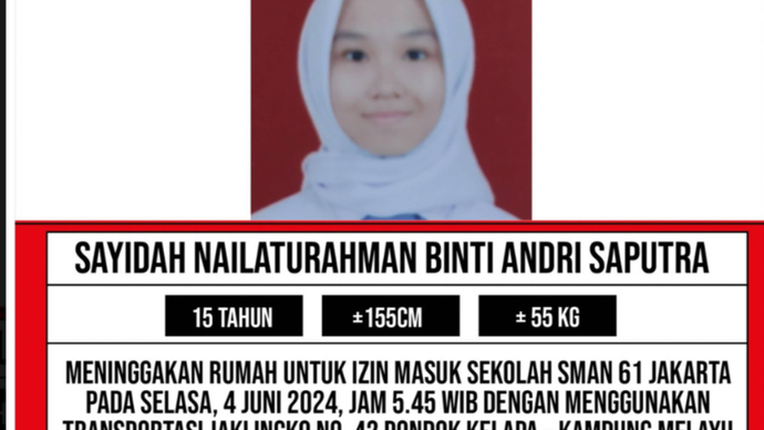 Sadiyah siswi SMA 61 yang hilang <b>(Istimewa)</b>