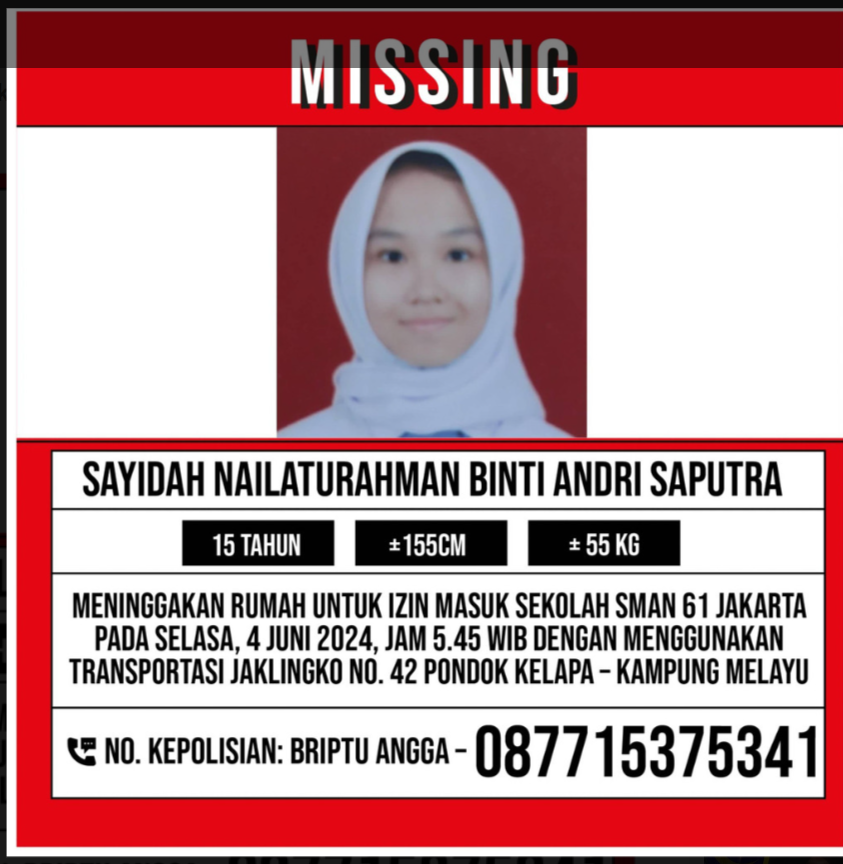 Sadiyah siswi SMA 61 yang hilang <b>(Istimewa)</b>