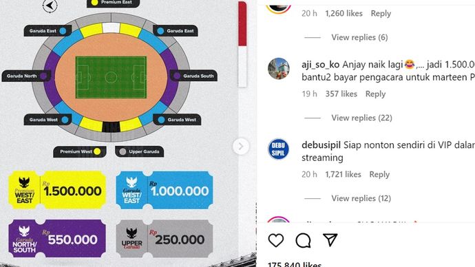 Rincian harga tiket pertandingan Indonesia vs Australia di putaran ketiga kualifikasi Piala Dunia 2026. <b>(Instagram Timnas Indonesia)</b>