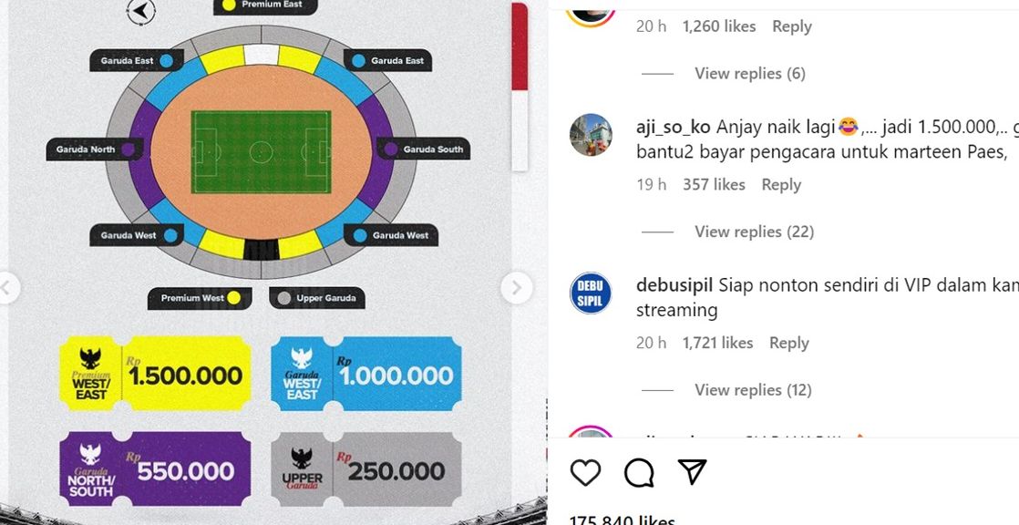 Rincian harga tiket pertandingan Indonesia vs Australia di putaran ketiga kualifikasi Piala Dunia 2026. <b>(Instagram Timnas Indonesia)</b>