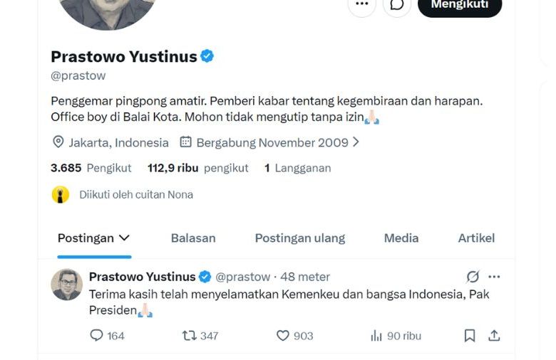Postingan Wakil Koordinator Staf Khusus Gubernur Jakarta, Yustinus Prastowo di X <b>(Tangkapan layar)</b>