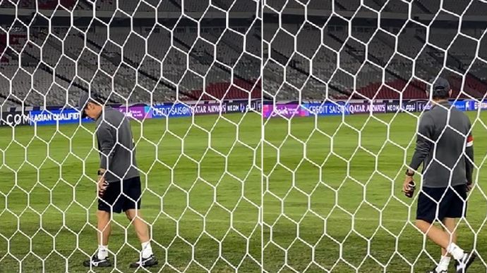 Pelatih timnas Indonesia, Shin Tae-yong cek kondisi rumput Stadion Utama Gelora Bung Karno, Senayan, Jakarta, Senin (18/11/2024).