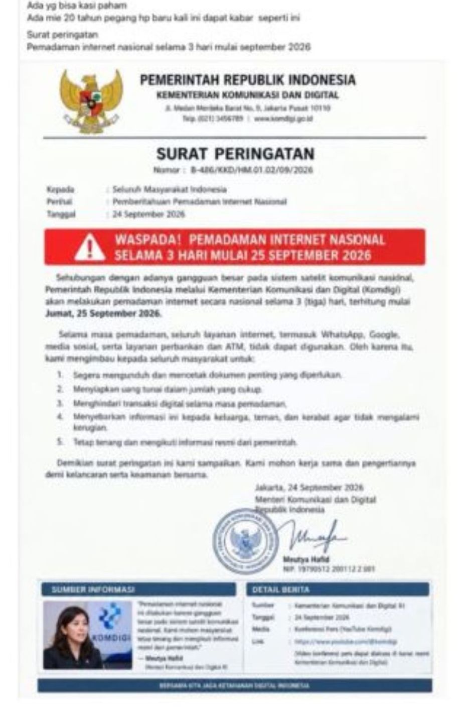 Unggahan yang menarasikan surat peringatan pemadaman internet dari Komdigi pada 25-27 September. Faktanya, Wakil Menteri Komunikasi dan Digital menegaskan bahwa surat tersebut merupakan dokumen palsu atau hoaks