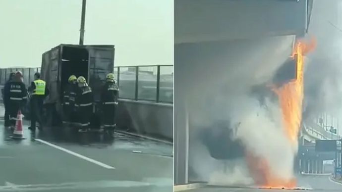 Ngeri, Truk Angkut Minyak Goreng Kecelakaan di Atas Jembatan dan Hasilkan Api Bak Air Terjun