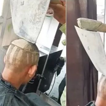 Tak Biasa, Tukang Cukur Ini Pakai Sekop untuk Potong Rambut Pelanggannya