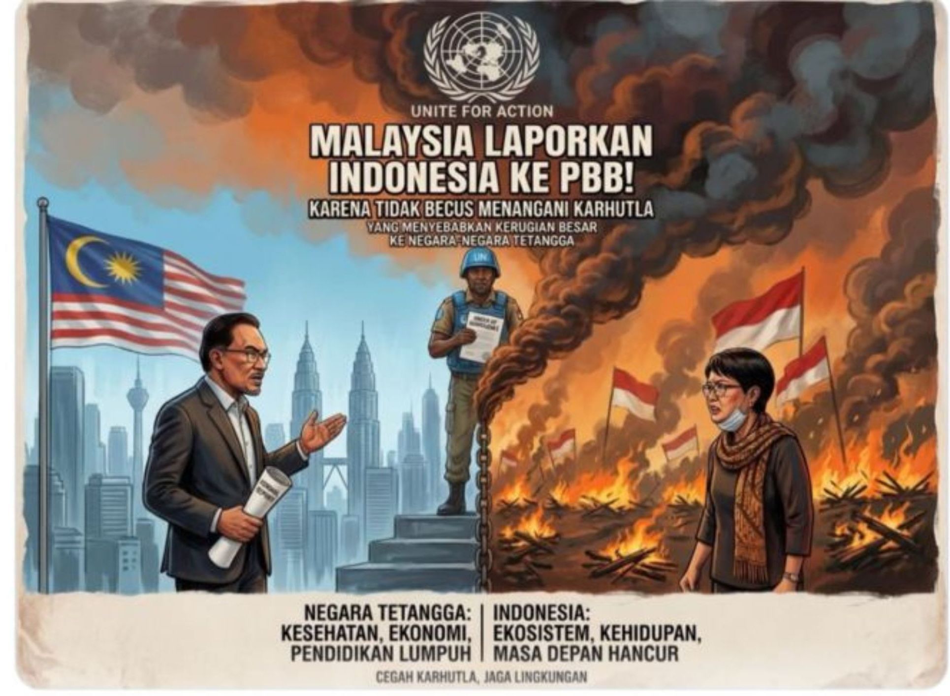 Unggahan yang menarasikan Malaysia laporkan Indonesia ke PBB soal asap karhutla. Faktanya, pernyataan tersebut tidak berdasar. <b>(Antara)</b>