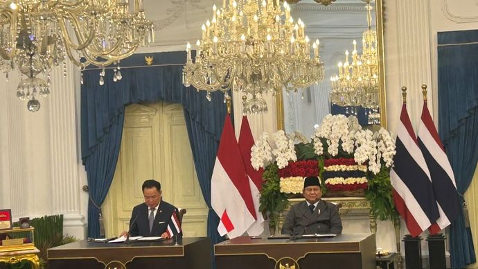 Presiden Prabowo Subianto dan Perdana Menteri Thailand Anutin Charnvirakul Saat Join Statement di Istana Merdeka
